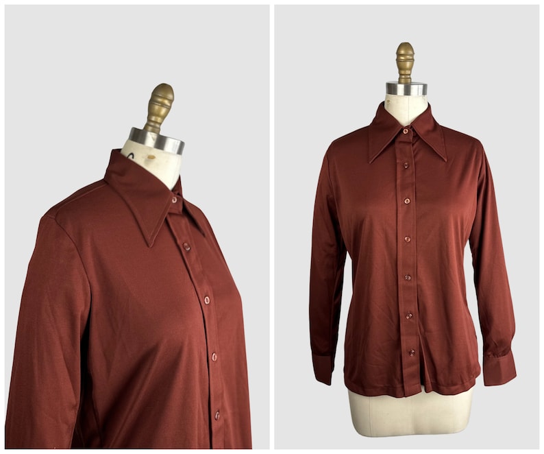 PIERRE FOSHEY chemise disco vintage des années 70 en jersey marron et polyester Dead Stock des années 1970, haut chemisier ajusté neuf à l'ancienne Petit image 1