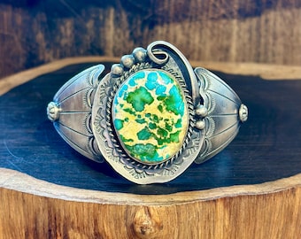 D.S NAVAJO Sonoran Gold Turquoise & Silver Cuff | Silver Beads Scroll Detail | Native American Southwestern Statement Jewelry