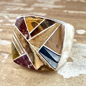 TULLY GUSTINE Navajo Multi Stone Inlay Ring Mens Handmade Large Ring w/ Sterling Silver Southwestern Native American Jewelry Size 10.5 image 1