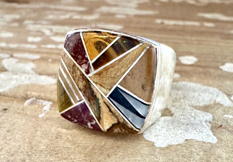 TULLY GUSTINE Navajo Multi Stone Inlay Ring Mens Handmade Large Ring w/ Sterling Silver Southwestern Native American Jewelry Size 10.5 image 1