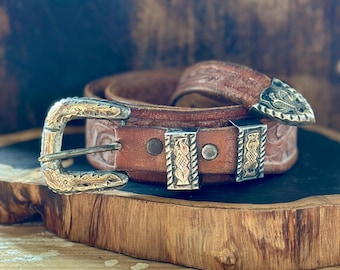 VINTAGE MEXICAN Leather Belt and Silver Buckle & Keepers | Brown Belt | Double Silver Keepers | Southwestern | Size Large-XL
