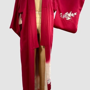 JAPANESE GARDEN Vintage Traditional Kimono Cranberry with Floral Peacock Print 70s 1970s to 80s 1980s Asian Robe Coat, Japan Open Size image 2