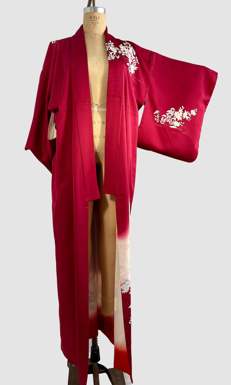 JAPANESE GARDEN Vintage Traditional Kimono Cranberry with Floral Peacock Print 70s 1970s to 80s 1980s Asian Robe Coat, Japan Open Size image 2