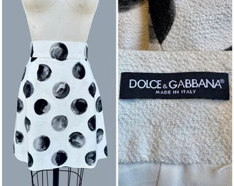 DOLCE AND GABBANA Vintage 90s Mini Skirt | Black and White Painted Polka Dots | Italian Designer | Made in Italy | Size Small