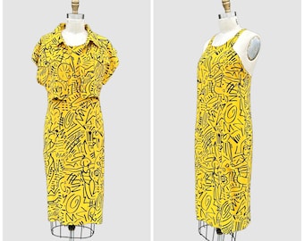 KARL LAGERFELD Vintage 80s Silk Dress & Top Set | 1980s Keith Haring Inspired 2 Piece Set | Luxury, Designer, Couture Fashion | Size Small