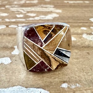 TULLY GUSTINE Navajo Multi Stone Inlay Ring Mens Handmade Large Ring w/ Sterling Silver Southwestern Native American Jewelry Size 10.5 image 3