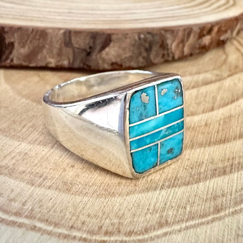 OPEN OCEAN Turquoise & Sterling Geometric Inlay Ring Mens Native American Handmade Ring Sterling Silver Southwestern Jewelry Size 11 image 3