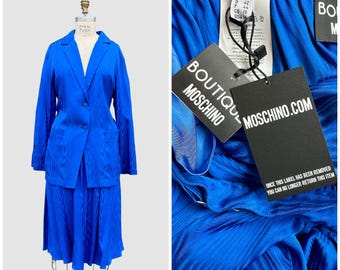NWT BOUTIQUE MOSCHINO Jacket Top and Skirt Set | Royal Blue Suit w/ Silver Buckle | 2023 Luxury Italian Designer | Size 12, Extra Large