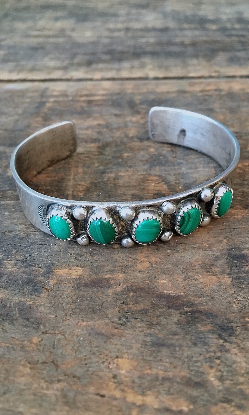 GOING GREEN Vintage 40s Bracelet 1940s Silver & Malachite Cuff Navajo Native American Indian Style Jewelry Southwestern, Boho, Hippie image 3