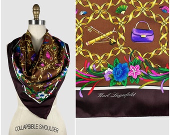 KARL LAGERFELD Vintage 90s Silk Scarf | 1990s Brown Head Scarf Kerchief | 80s 1980s Designer Icons, Gold Chains Floral Fans | Made in France