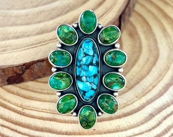 BLOOMING FLOWER Sterling Silver Blue & Green Turquoise Cluster Ring | Statement Jewelry, Native American Style Southwestern | Size 9 1/4