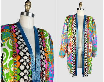 DIANE FREIS Vintage 80s Beaded Silk Jacket | 1980s Vibrant Baroque Print Duster, Cover UP | 90s Boho Designer Resort Summer | Size Small