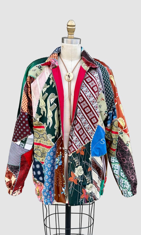 PATCHWORK UPCYCLED TIES Vintage 80s/90s Bomber Ja… - image 2