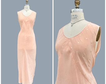 BLUSHING PEACH 30s Silk Slip Dress | 1930s Polka Dot Night Gown |  Art Deco Era Pinup, Glamour Negligee, Lingerie | Medium