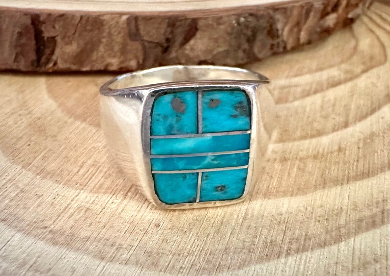 OPEN OCEAN Turquoise & Sterling Geometric Inlay Ring Mens Native American Handmade Ring Sterling Silver Southwestern Jewelry Size 11 image 1