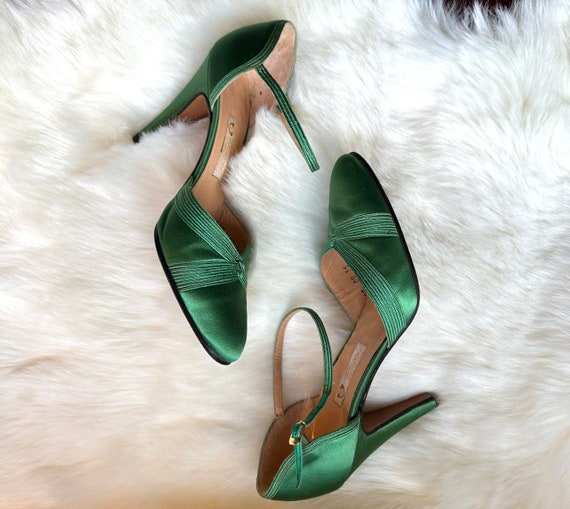 GUCCI Vintage 70s Green Satin Ankle Strap Shoes |… - image 1