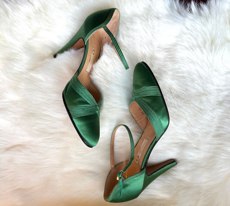 GUCCI Vintage 70s Green Satin Ankle Strap Shoes 1970s Italian Designer Ankle Strap Stiletto Heels, Made in Italy Disco Era Size 35 5 image 1