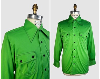 MARTINI vintage des années 70 Deadstock vert jersey tricot polyester chemise disco | Dead Stock des années 1970, nouveau haut funk ajusté à l'ancienne | Taille Homme Moyenne