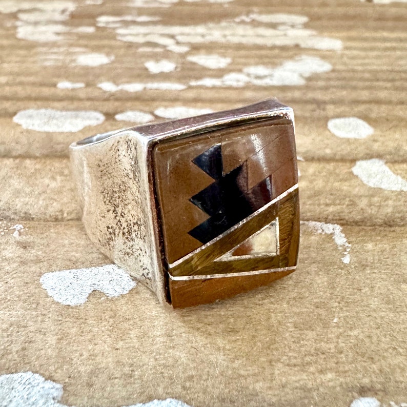 TULLY GUSTINE Navajo Multi Stone Geometric Inlay Ring Mens Handmade Ring w/ Jasper Sterling Silver Southwestern Native Jewelry Size 13 image 3