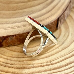 CLEO KALLESTEWA Multi Stone Inlay Zuni Ring Native American Southwest Sterling Jewelry Mother Of Pearl Turquoise Jet Spiny Oyster Size 8 image 5