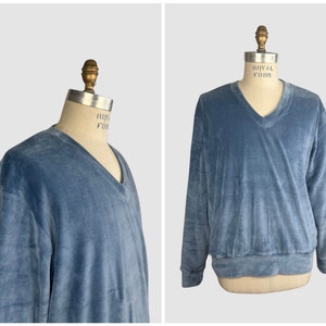 MARTINI Vintage 70s Deadstock Blue Cotton Velour Sweater 1970s Dead Stock Shirt Top Hippie Disco Streetwear Mens Size X-Large imagem 1