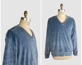 Pull en velours de coton bleu MARTINI vintage des années 70 | Chemise Dead Stock des années 1970 | Streetwear hippie disco | Taille homme très grande