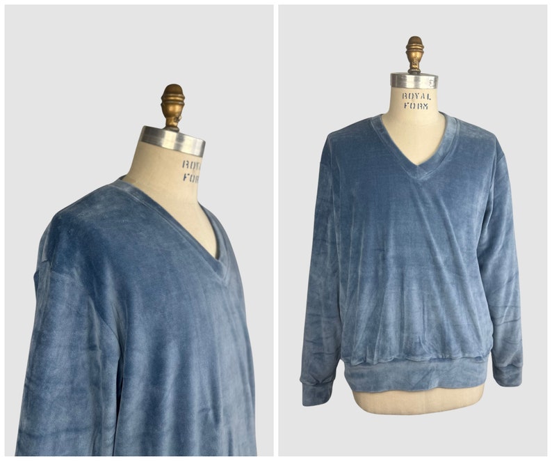 MARTINI Vintage 70s Deadstock Blue Cotton Velour Sweater 1970s Dead Stock Shirt Top Hippie Disco Streetwear Mens Size X-Large imagem 1