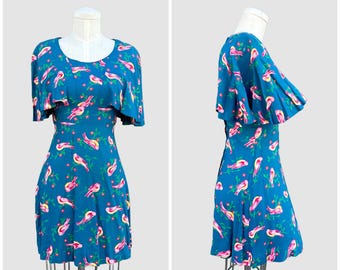 VINTAGE BIRDIE 70s Dress | 1970s Flowy Bird Spring, Summer, Picnic Wear | | Boho Day Dress | Size X-Small