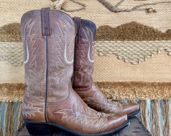 LUCCHESE Texas Leather Western Boots | Brown Cowboy Boots | Vintage Western Wear | Made in USA | Womens 10