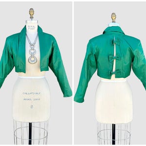 GREEN CROPPED Leather Vintage 80&#39;s Triple Bow Jacket | 1980s Short Moto Rocker Coat | Made in USA | Women&#39;s Size Small