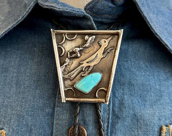 ROAD RUNNER Vintage Sterling Silver & Turquoise Bolo Tie w/ Leather Cord | Statement Jewelry | Native American Made, Southwestern Jewelry