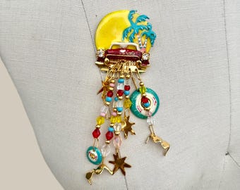 LUNCH At THE RITZ Vintage 80s Enamel Charm Brooch | Brass, Car, Palm Tree Multi Color Beads Pendant & Pin | Dangle Charm American Designer
