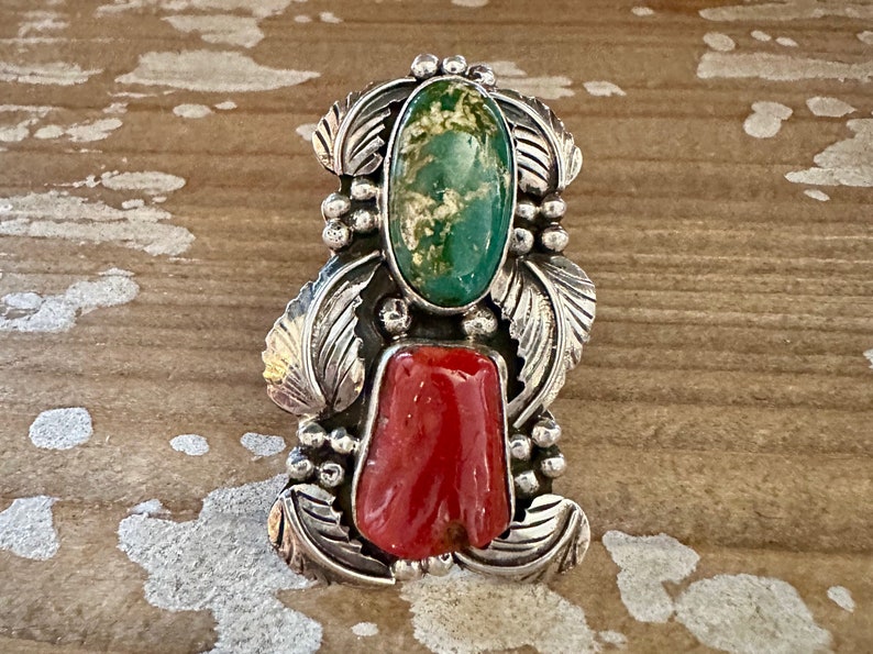 BEYOND BEAUTY Abel Toledo Large Handmade Ring Sterling Silver, Turquoise, Coral Native American Navajo Jewelry Southwestern Size 9 1/2 image 1