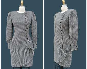 EMANUEL UNGARO Parallèle Paris Vintage 80s Houndstooth Dress | Wool Black & White Checker Print | 1980s Designer, Made in Italy | Size Small