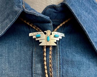 NICKEL SILVER BELL Thunderbird Bolo Tie w/ Leather Cord, Silver Color, Nickel & Turquoise | Statement Jewelry, Southwestern Native Style