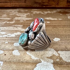 NEVER LEAVES Vintage Handmade Navajo Men's Ring Sterling Silver, Turquoise, Coral Native American Jewelry Southwestern Size 10 image 2