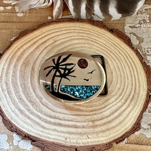 PALM BEACH BRASS Belt Buckle | Small Round Belt Buckle | Beach Scene Buckle | Colorado | Reconstituted Turquoise and Spiny Oyster