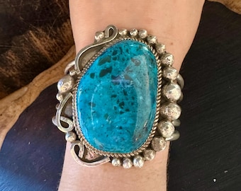 RAY NEZ Chunky Turquoise &  Sterling Silver Cuff | Silver Beads and Scroll Detail | Navajo Made | Native American Southwestern Jewelry | 90g