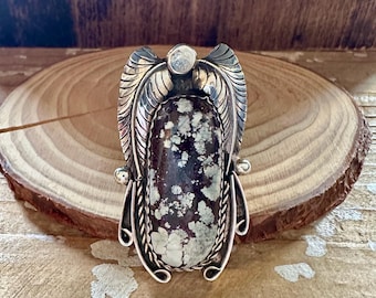 TWO FEATHERS Turquoise & Sterling Silver Mens Ring | Large Statement Piece | Native American Navajo Southwestern Jewelry | Size 11 1/4