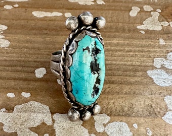 ONE MIND 60s/70s Vintage Turquoise Ring | Large Ring w/ Sterling Silver & Turquoise | Southwestern Native American Jewelry Mens | Size 12