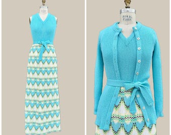 DALTON Vintage 70s Knit Dress & Sweater Set | 1970s Aqua 2 Piece Ribbed Knit Set w/ Belt | Hippie Boho Twiggy | Size Small