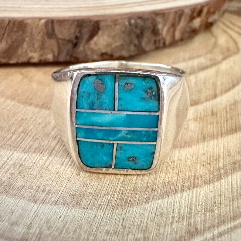 OPEN OCEAN Turquoise & Sterling Geometric Inlay Ring Mens Native American Handmade Ring Sterling Silver Southwestern Jewelry Size 11 image 2