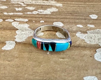 PATTERN PLAY Geometric Inlay Zuni Band Ring | Native American Southwestern Jewelry | Sterling Silver Turquoise Spiny Oyster Jet | Size 7 1/4