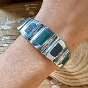 TAXCO MEXICO Sterling Silver Bracelet | Mexican Jewelry | TM-147 | Hinged Bangle | Inlay Malachite and Onyx Stones | Southwestern | 54g
