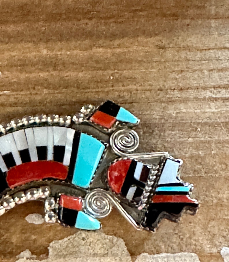 RAINBOW MAN Herbert Cellicion Zuni Yei Brooch Pendant Silver Turquoise MOP Jet Spiny Oyster Inlay Pin Vintage Native American Jewelry image 2