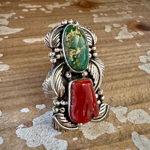 BEYOND BEAUTY Abel Toledo Large Handmade Ring Sterling Silver, Turquoise, Coral Native American Navajo Jewelry Southwestern Size 9 1/2 image 3