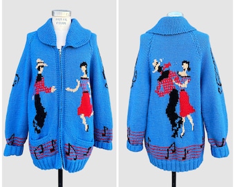 HANDMADE COWICHAN 50s Knit Mens Sweater | 1950s Salish Weaving | Handcrafted Thick Wool Cardigan | Square Dancers, Southwestern | Sz. Large