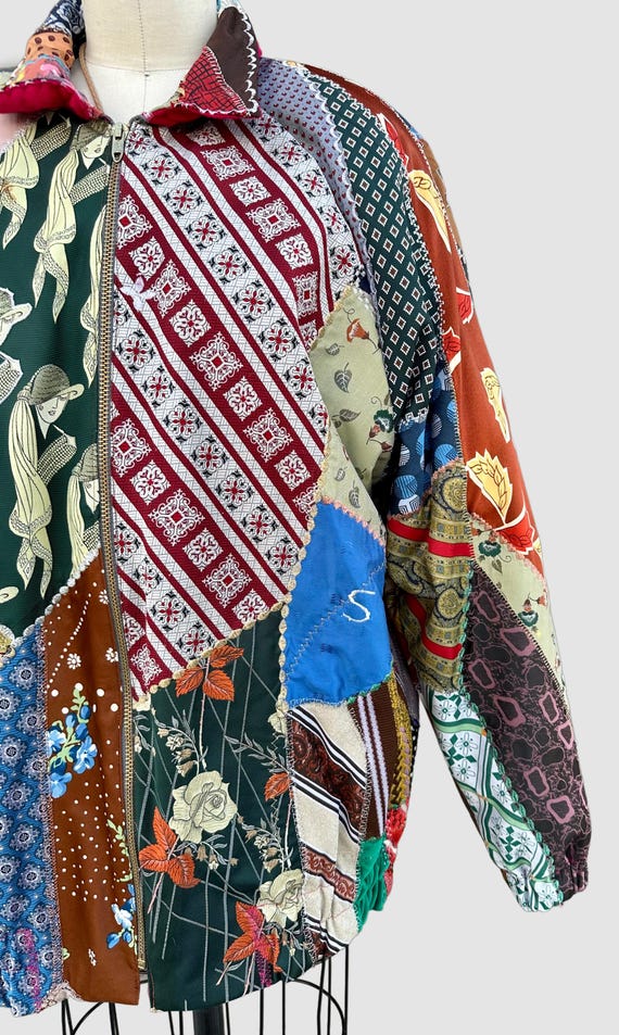 PATCHWORK UPCYCLED TIES Vintage 80s/90s Bomber Ja… - image 4