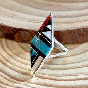 CLEO KALLESTEWA Multi Stone Inlay Zuni Ring Native American Southwest Sterling Jewelry Mother Of Pearl Turquoise Jet Spiny Oyster Size 8 image 2