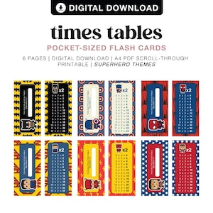 Könnte beinhalten: Ein digitaler Download von kleinen Karteikarten für das Einmaleins mit Superhelden-Motiven. Das Set enthält 6 Seiten als A4-PDF zum Ausdrucken mit Multiplikationstabellen von 0 bis 12, verziert mit verschiedenen bunten Superhelden-Grafiken.